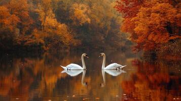 Two swans swimming in the water near autumn trees photo