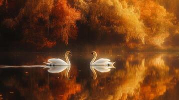 Two swans are swimming in a lake with autumn trees photo