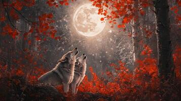 Two wolves howling at the moon in the forest photo