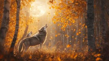 Two wolves howling in the woods at night photo