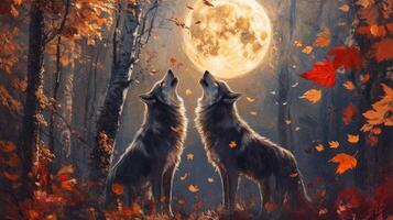 Two wolves howling in the woods with the moon in the background photo