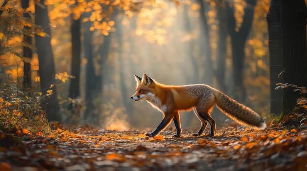 A fox walks through a forest in the fall photo