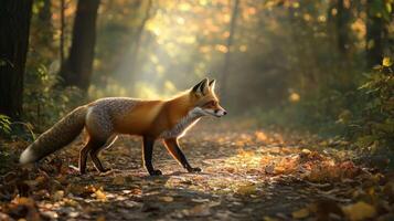 A red fox in the forest during the autumn season photo