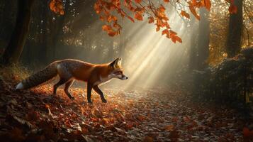 A fox walking through the woods in the fall photo