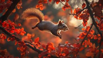 A squirrel is flying through the air in the autumn photo