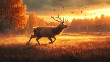 A deer is running in the sunset photo