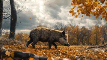 Wild boar in autumn forest photo