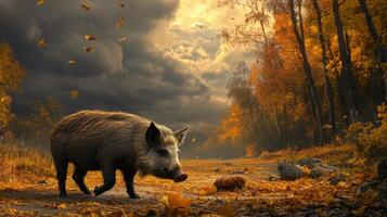 Wild boar in autumn forest with autumn leaves photo