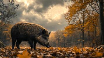 Wild boar in autumn forest photo
