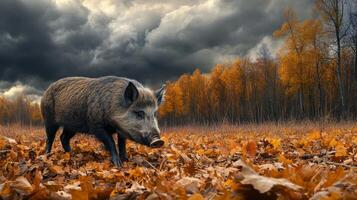 Wild boar in autumn forest photo