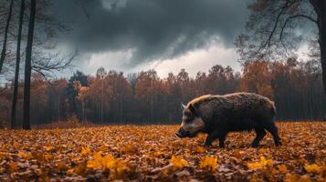 Wild boar in autumn forest photo