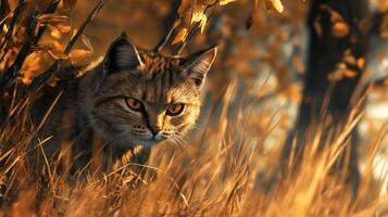 A cat is walking through the grass in the woods photo
