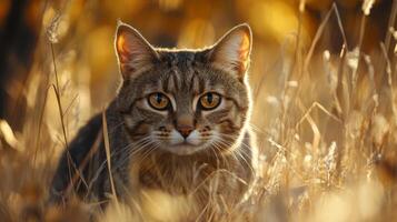 A cat is sitting in tall grass photo