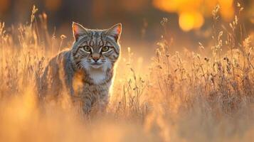 A bobcat is walking through tall grass photo