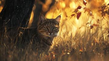 A cat is sitting in the grass near a tree photo