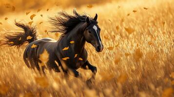 A horse running through a field of yellow leaves photo