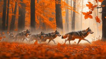Wolf pack running through the forest in autumn photo
