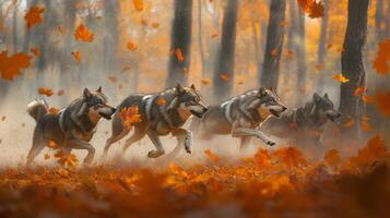 Four wolfs running through the woods with autumn leaves photo