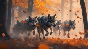 A group of wolves running through the woods photo