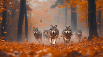 A group of wolves running through the woods photo