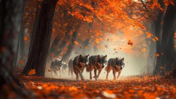 Three wolfs running through the woods in the fall photo