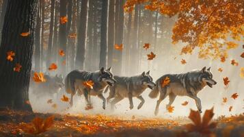 Four wolfs running through the woods in autumn photo