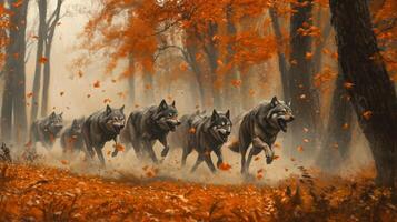 A group of wolves running through the woods photo