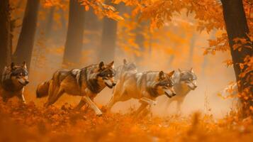 Wolf pack running in the forest photo
