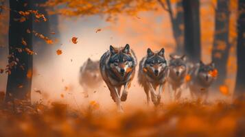 Wolf pack running in the forest photo