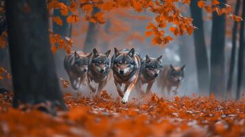 A group of wolves running through the woods photo