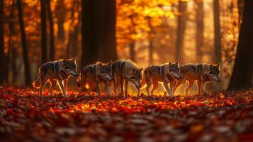 Wolf pack walking in the forest at sunset photo