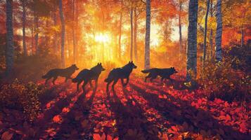 Three wolves walking through a forest at sunset photo