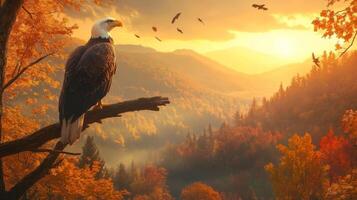 An eagle sits on a branch in the middle of a forest at sunset photo