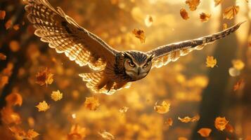 An owl flying through the air with leaves falling photo