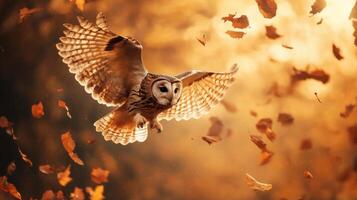 An owl flying through the air with leaves falling photo
