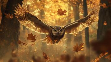 An owl flying through the air in a forest photo