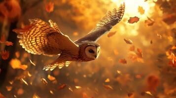 An owl flying through the air with leaves falling photo
