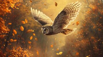 An owl flying through the air in the autumn photo