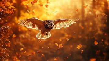 Owl flying in the autumn forest photo