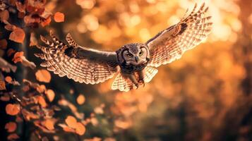 Owl flying in the air with leaves in the background photo