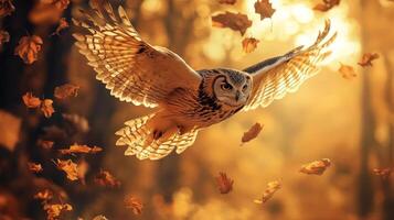 Owl flying in the autumn forest photo