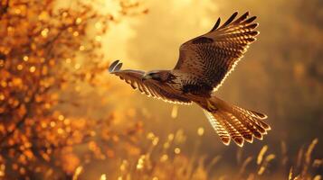 A hawk flying over a field with autumn leaves photo