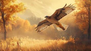 A bird flying over a field with trees and mountains photo