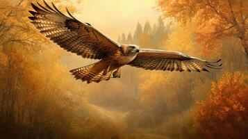 An oil painting of an eagle flying over a forest photo
