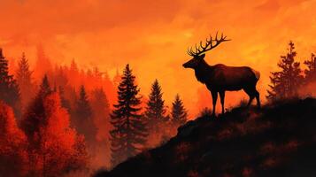 A painting of a deer standing on a hill with a red sunset photo