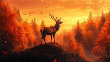 A deer stands on a hill in the forest at sunset photo