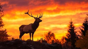 A deer stands in front of a sunset sky photo