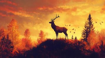 A deer stands on a hill in the sunset photo