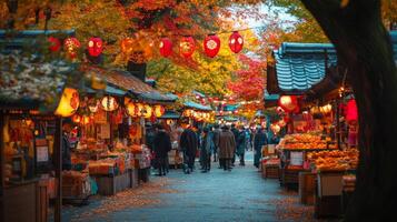 A bustling street market with red lanterns hanging under a canopy of autumn leaves photo
