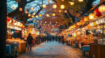 Illuminated Street Market in Japan with Lanterns and Fall Foliage photo